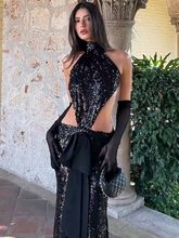 Sequin Halter Neck Cutout Maxi Dress With Bow Detail