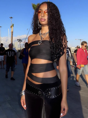 Black Asymmetric Cutout Off-Shoulder Crop Top