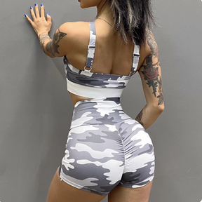Camouflage Cross-Back Sports Bra and High-Waist Shorts Set
