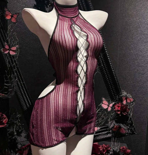 Women Lace-up Sexy Bodycon Hollow Out Purple Nightdress Romper