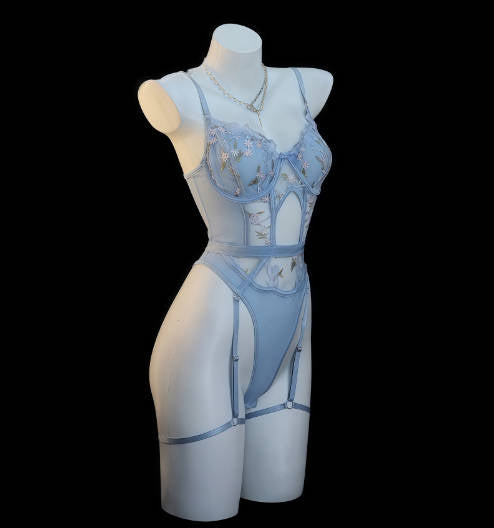French Lace Sheer Bodysuit with Garter Floral Pure Desire Lingerie