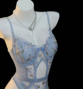 French Lace Sheer Bodysuit with Garter Floral Pure Desire Lingerie