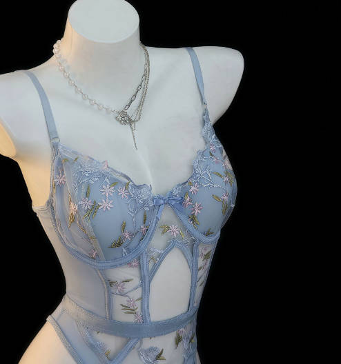 French Lace Sheer Bodysuit with Garter Floral Pure Desire Lingerie