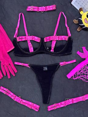 Colorblock Lingerie Set With Gloves And Thigh-High Mesh Socks