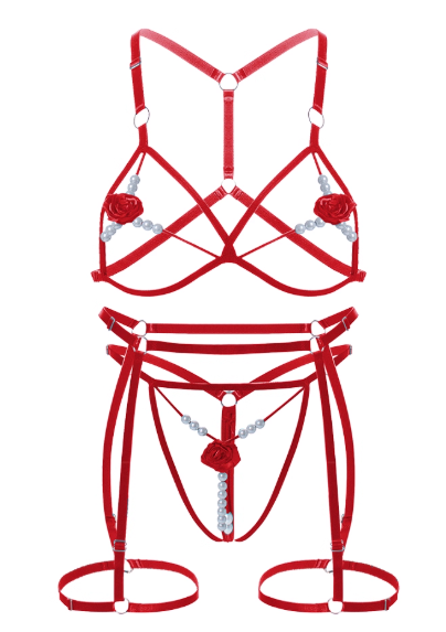Valentine's Red Rose Pearl Bra Set