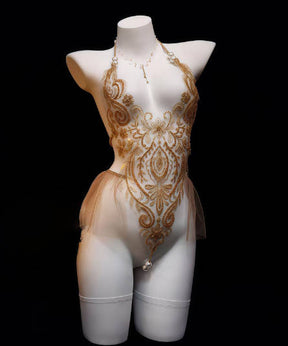 Sexy vintage beaded hot gold embroidered puffy dress pearl bodysuit lingerie