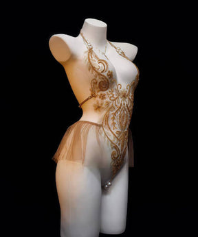 Sexy vintage beaded hot gold embroidered puffy dress pearl bodysuit lingerie