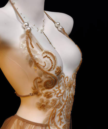 Sexy vintage beaded hot gold embroidered puffy dress pearl bodysuit lingerie