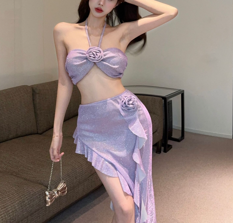 New Style Floral Tube Top Three Piece Swimsuit