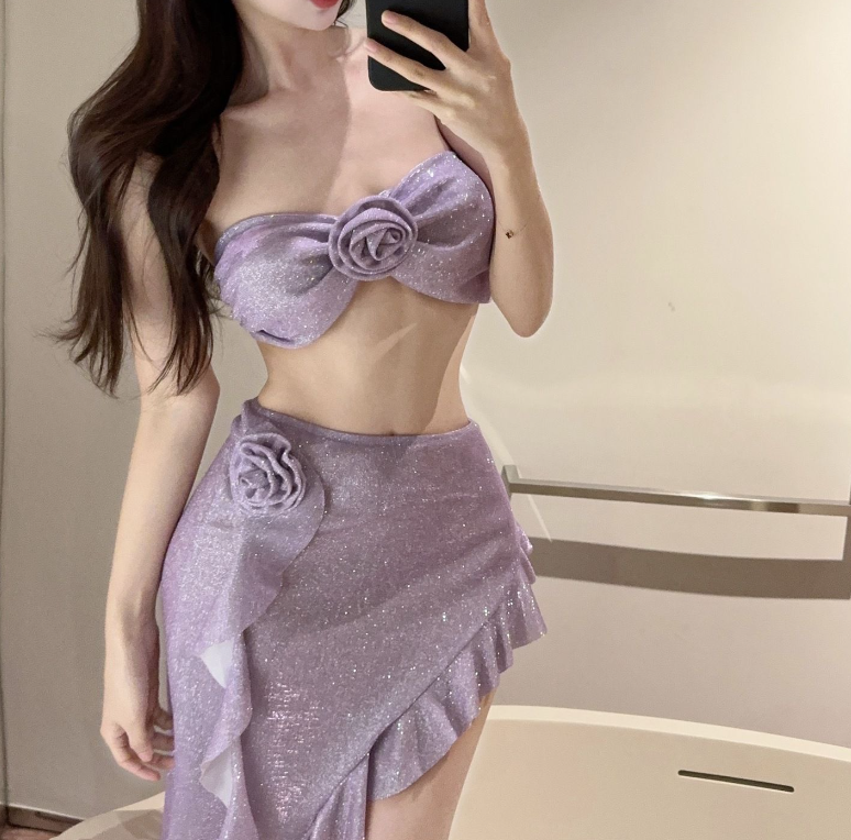 New Style Floral Tube Top Three Piece Swimsuit