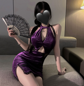 Purple Velvet Cheongsam Uniform Club Wear