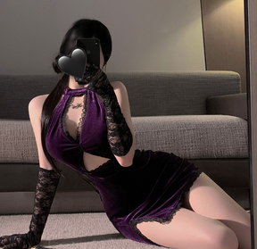 Purple Velvet Cheongsam Uniform Club Wear