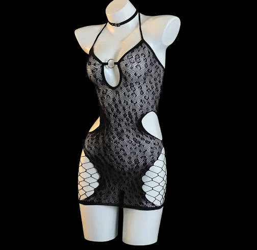Sexy Mesh Bodycon Crotchless Hollow-out Tear-away Dress