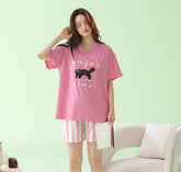 Soft Cotton Comfortable Cardigan Shorts Two-Piece Loungewear Set-D