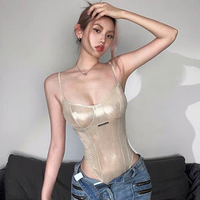 Metallic Sheen Spaghetti Strap Corset Bodysuit