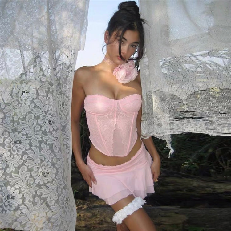 Pink Lace Strapless Corset With Ruffled Mini Skirt Set