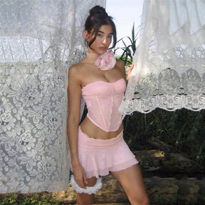 Pink Lace Strapless Corset With Ruffled Mini Skirt Set