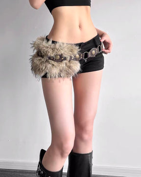 Furry Studded Belt with Black Low-Waist Denim Shorts Set