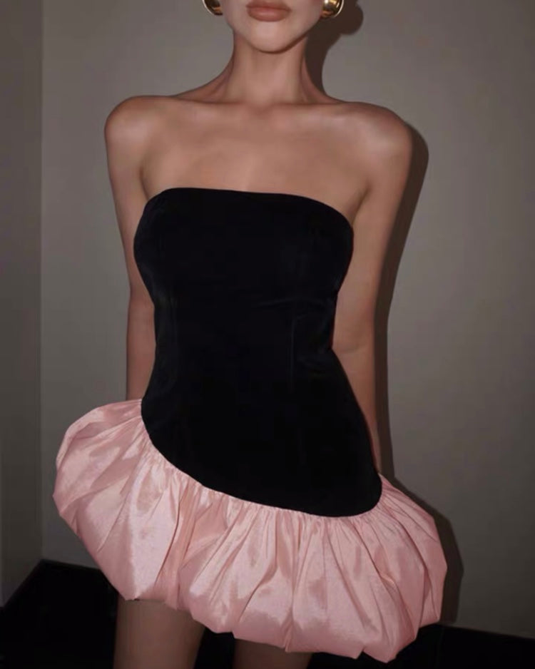 Strapless Velvet Mini Dress With Pink Bubble Hem