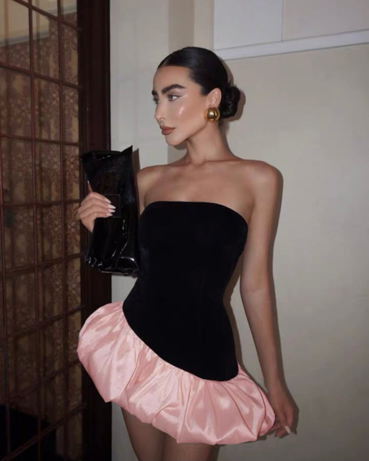 Strapless Velvet Mini Dress With Pink Bubble Hem