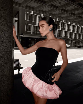 Strapless Velvet Mini Dress With Pink Bubble Hem