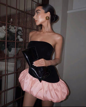 Strapless Velvet Mini Dress With Pink Bubble Hem