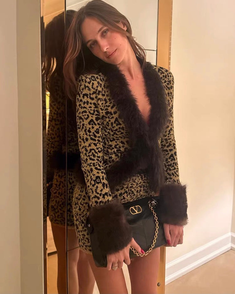 Shimmery Tweed Leopard Print Mini Dress With Faux Fur Trim