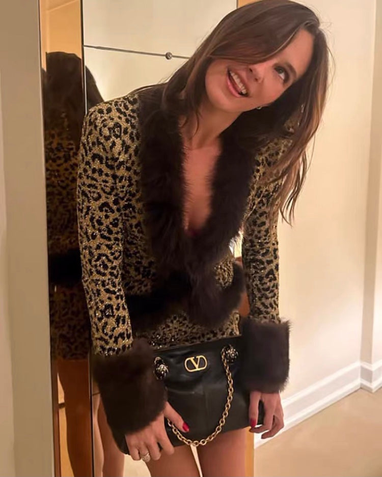 Shimmery Tweed Leopard Print Mini Dress With Faux Fur Trim