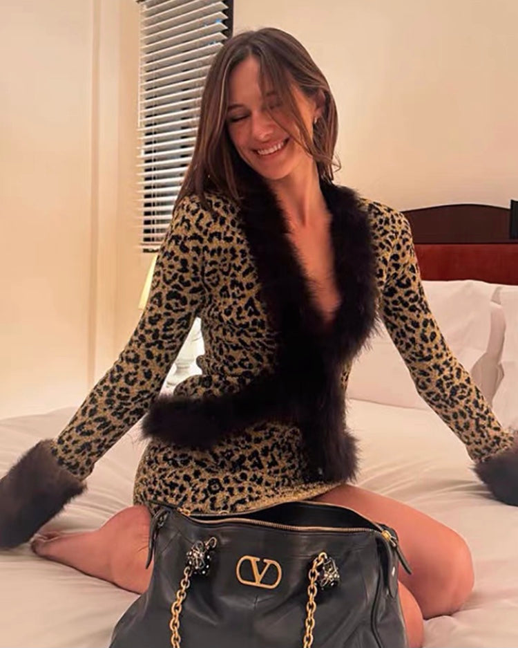 Shimmery Tweed Leopard Print Mini Dress With Faux Fur Trim