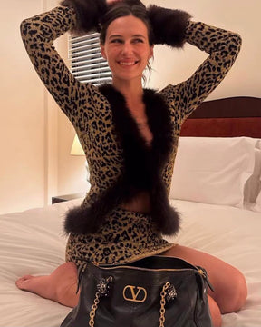 Shimmery Tweed Leopard Print Mini Dress With Faux Fur Trim