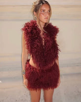 Plush Textured Faux Fur Crop Top and Mini Skirt Set
