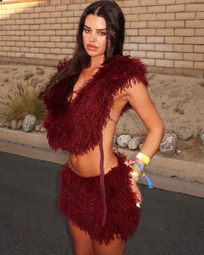 Plush Textured Faux Fur Crop Top and Mini Skirt Set