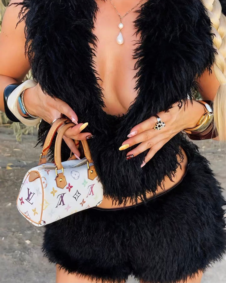 Plush Textured Faux Fur Crop Top and Mini Skirt Set