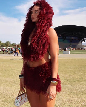 Plush Textured Faux Fur Crop Top and Mini Skirt Set