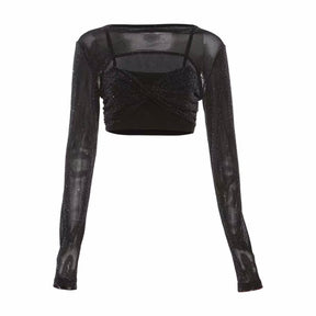 Sparkly Mesh Cutout Long-Sleeve Crop Top