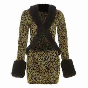 Shimmery Tweed Leopard Print Mini Dress With Faux Fur Trim