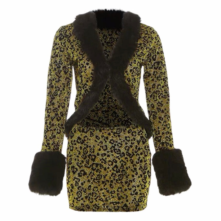 Shimmery Tweed Leopard Print Mini Dress With Faux Fur Trim