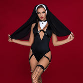 Sexy Nun Bodysuit Costume with Headpiece and Garter Straps