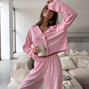 Pink Long Sleeve Cropped Top And Pants Loungewear Set