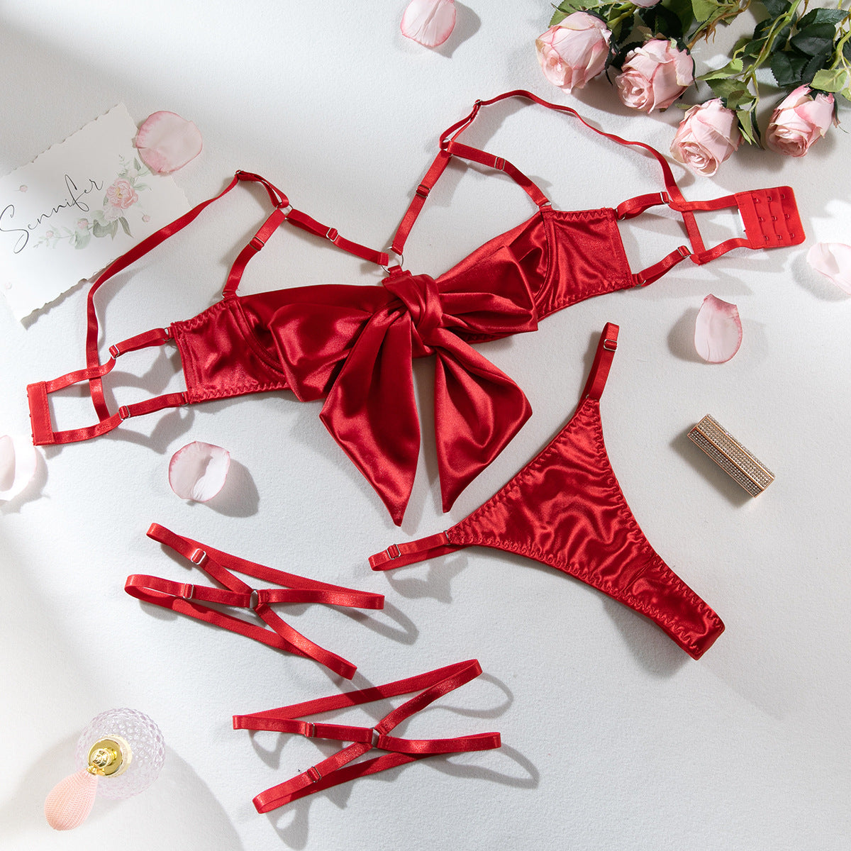 Satin Bow Knot Open Brust Sexy Lingerie Set