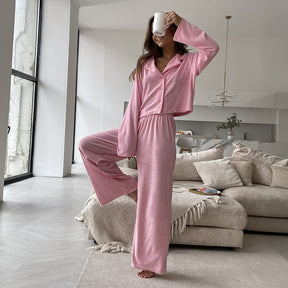 Pink Long Sleeve Cropped Top And Pants Loungewear Set