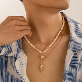 Layered Beaded Necklace with Shell Pendant