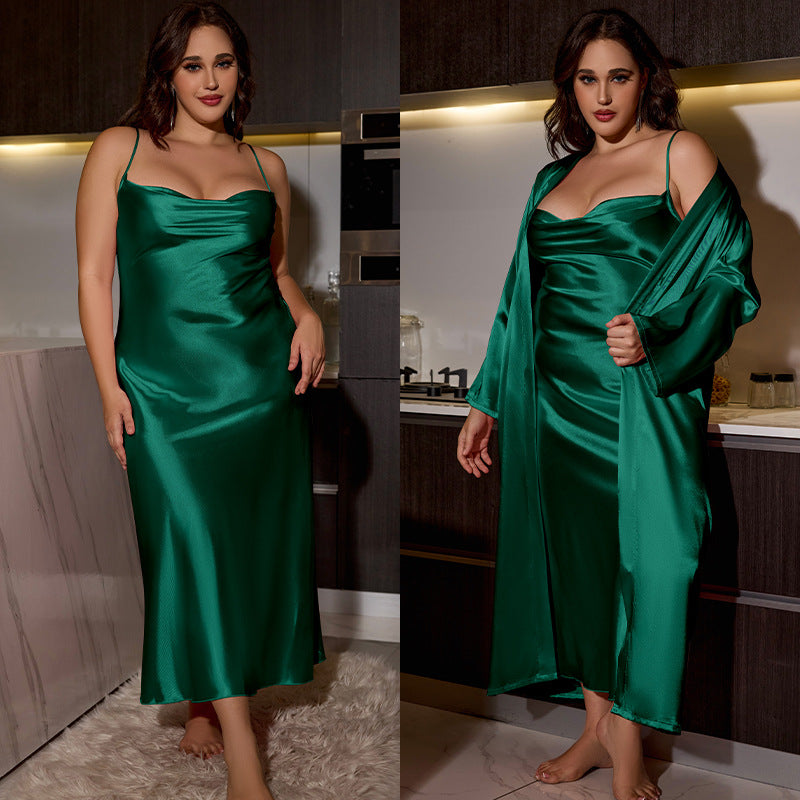 Plus Size Satin Long Nightgown with Matching Robe Set