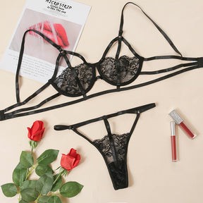 Strappy Allover Lace Bandage Sexy Lingerie Set