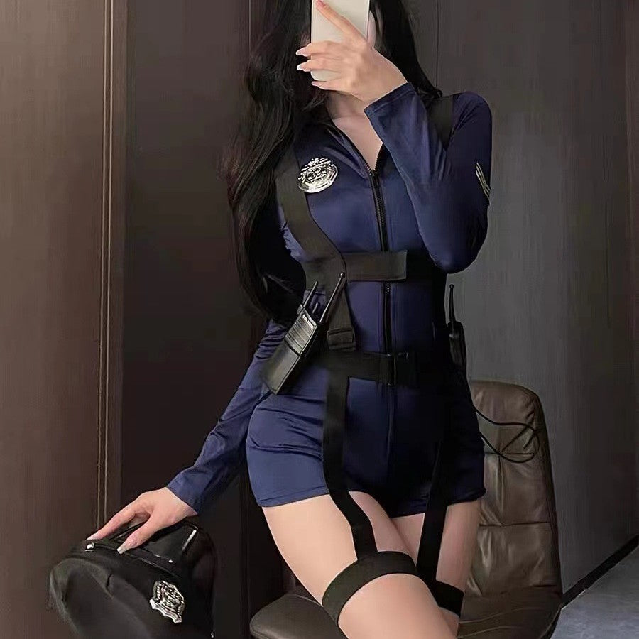 Police Officer Costume Set with Bodysuit, Straps, Walkie-Talkie and Badge
