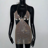 Sparkly Rhinestone Mesh Cutout Mini Dress
