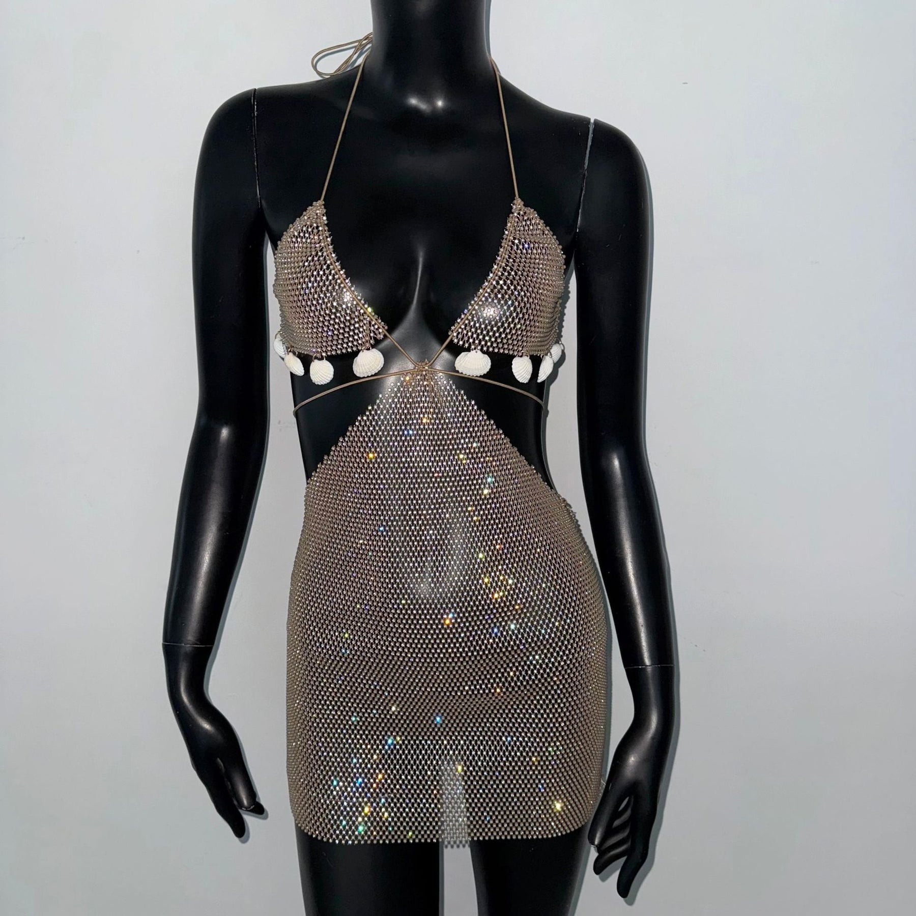 Sparkly Rhinestone Mesh Cutout Mini Dress