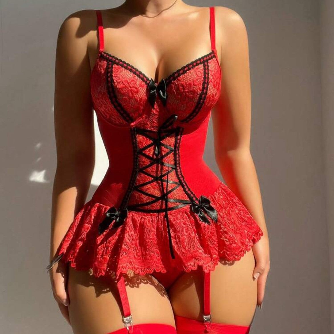 Lace Bustier Bodysuit with Garter Straps