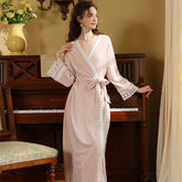 Pink Lace Trimmed Belted Long Robe