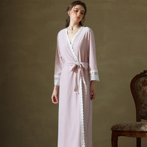 Pink Lace Trimmed Belted Long Robe